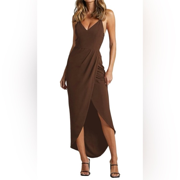 Women's Spaghetti Straps Ruched Wrap Split Hem Sleeveless Zipper Midi Dress, L - Picture 1 of 5